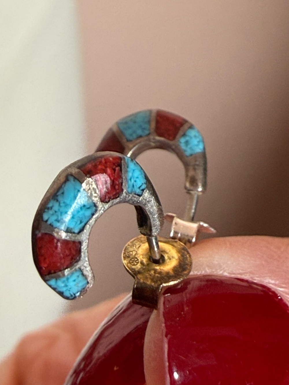 Vintage Native American Zuni Sterling silver Turquoise Red Coral Hoop Earrings